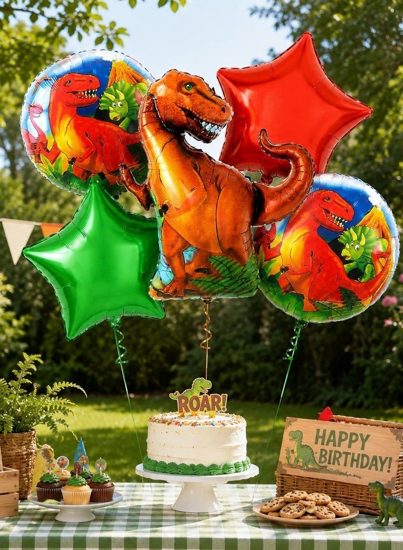 Dinosaur Balloon Bouquet Set 5Pcs – T-Rex Foil Balloon with Round Dino Printed & Red Green Star Balloons | Dinosaur Birthday Party Decoration for Boys Kids Party Decor - Image 5