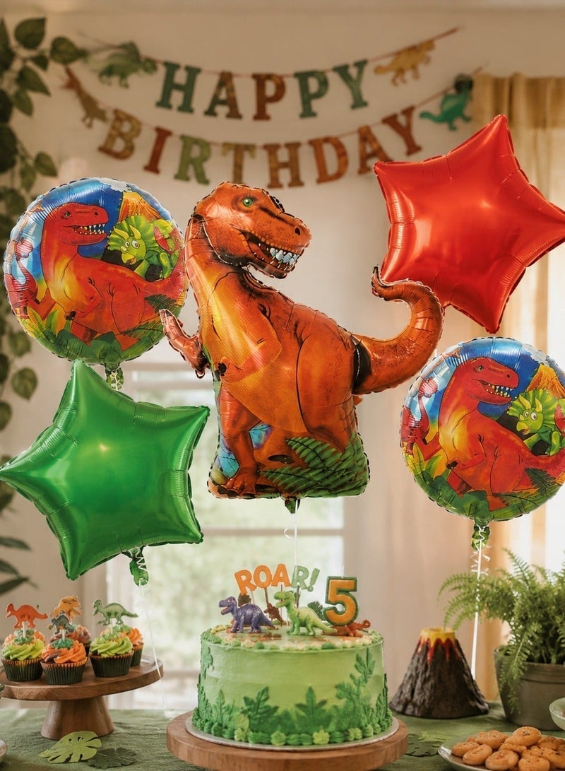 Dinosaur Balloon Bouquet Set 5Pcs – T-Rex Foil Balloon with Round Dino Printed & Red Green Star Balloons | Dinosaur Birthday Party Decoration for Boys Kids Party Decor - Image 4