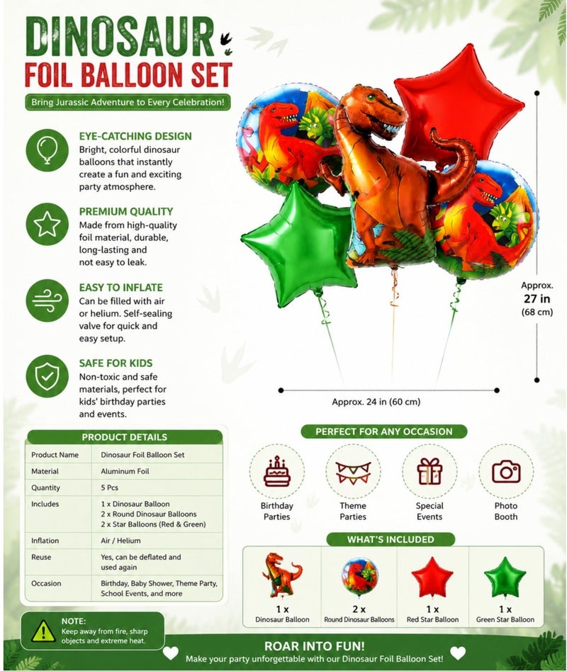 Dinosaur Balloon Bouquet Set 5Pcs – T-Rex Foil Balloon with Round Dino Printed & Red Green Star Balloons | Dinosaur Birthday Party Decoration for Boys Kids Party Decor - Image 3