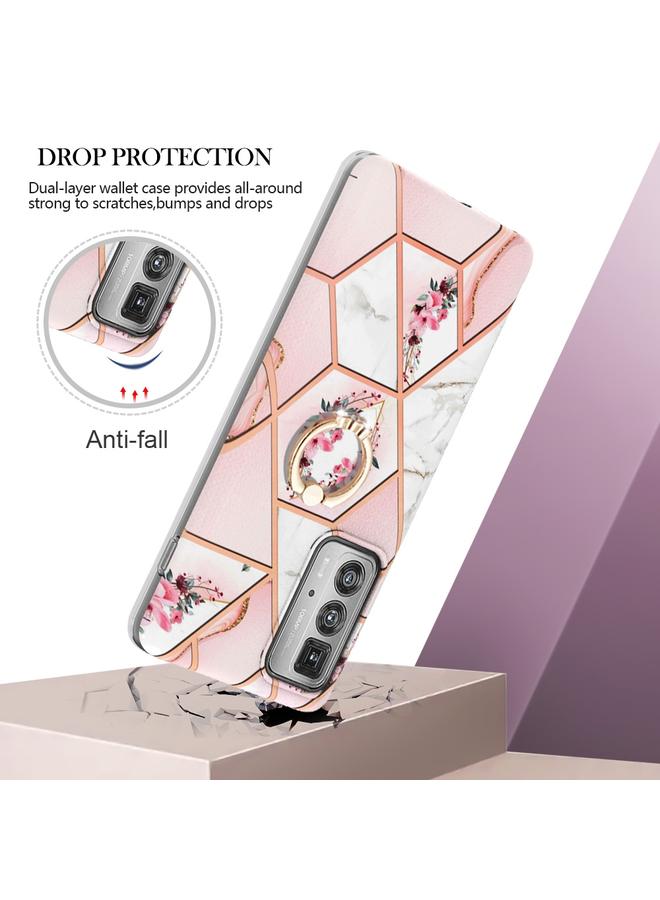 اس-توب جراب لهاتف Motorola Edge 20 Pro بنمط زهور رخامية متداخلة مع حلقة من مادة TPU - Image 2