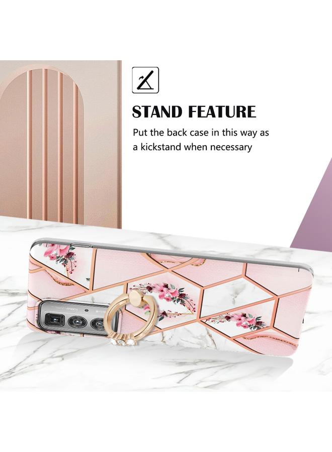 اس-توب جراب لهاتف Motorola Edge 20 Pro بنمط زهور رخامية متداخلة مع حلقة من مادة TPU - Image 3