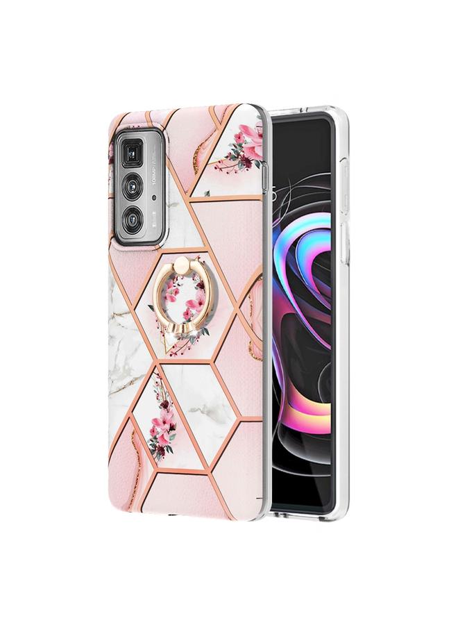 اس-توب جراب لهاتف Motorola Edge 20 Pro بنمط زهور رخامية متداخلة مع حلقة من مادة TPU - Image 1