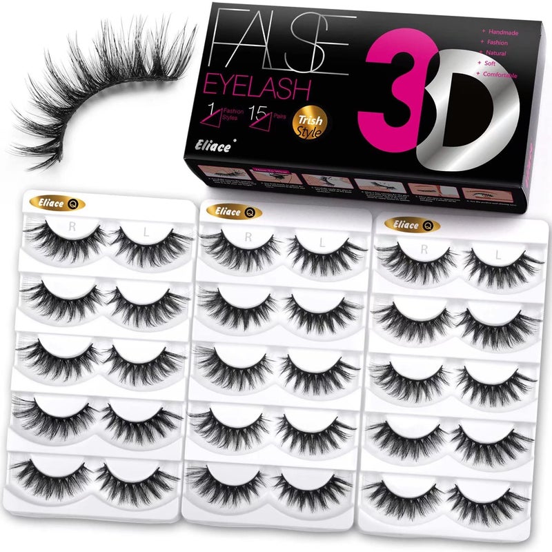 Eliace False Eyelashes 15 Pairs Cat Eye-Lashes 3D Mink Lashes,Spiky Wispy Natural Long Faux Mink Lashes Strips Soft & Reusable Makeup Professional Fake Eyelashes Pack | Trish Style - Image 1