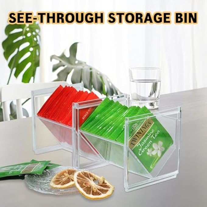 تخيل قطعتان من منظم أكياس الشاي القابل للتكديس وحامل الشاي البلاستيكي الشفاف وحاوية أكياس القهوة للوجبات الخفيفة وحاوية قهوة بلاستيكية للمطبخ والمكتب والحمام وصندوق كريمة السكر 46 طول × 40 عرض × 43 ارتفاع - Image 5