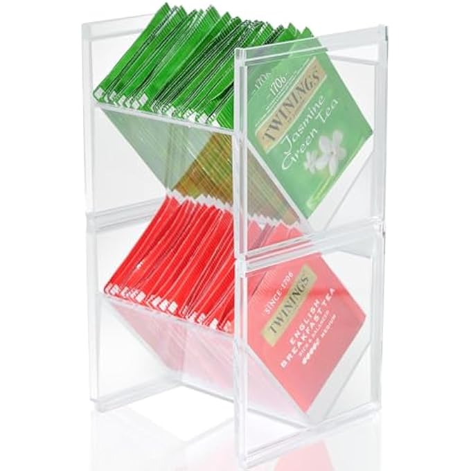 تخيل قطعتان من منظم أكياس الشاي القابل للتكديس وحامل الشاي البلاستيكي الشفاف وحاوية أكياس القهوة للوجبات الخفيفة وحاوية قهوة بلاستيكية للمطبخ والمكتب والحمام وصندوق كريمة السكر 46 طول × 40 عرض × 43 ارتفاع - Image 2