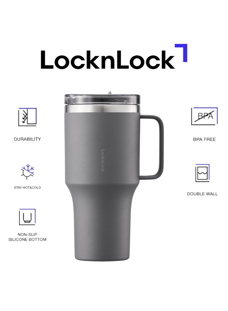 LOCK & LOCK LocknLock Metro Mug King 820ml Grey - Eco-Friendly, BPA-Free, Double-Wall Insulated Stainless Steel Mug with Spill-Resistant Lid, Non-Slip Bottom, and Integrated Handle for Hot and Cold Beverages - Image 1