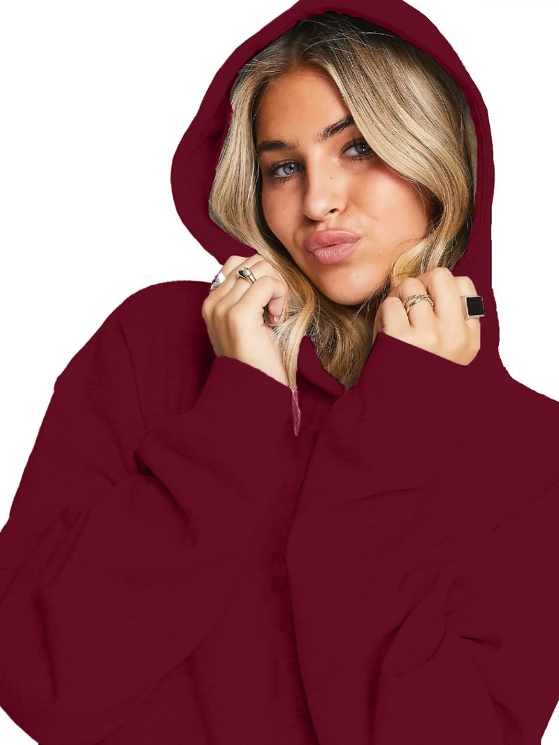 LEOTUDE Women's Solid Loopknit Loose Fit Full Sleeve Hooded Neck Sweatshirt (W88|MSTD|BLK|MRN_P_Maroon_M) - Image 3