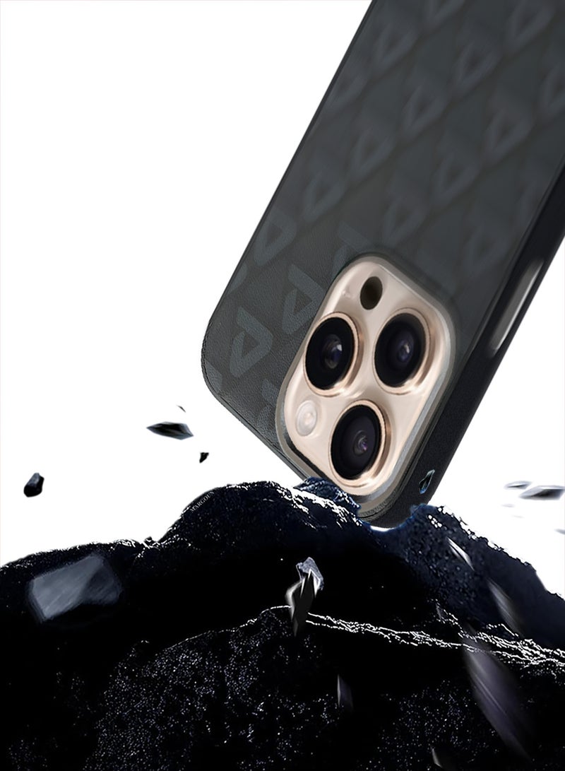 CATANES Hard Leather Case for iPhone 16 Pro, Back Cover Triangle Pattern Shockproof Protective Phone Case - Black - Image 4