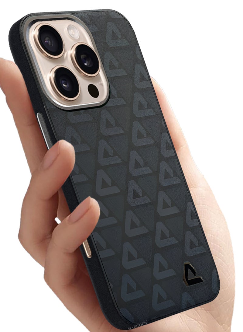 CATANES Hard Leather Case for iPhone 16 Pro, Back Cover Triangle Pattern Shockproof Protective Phone Case - Black - Image 5