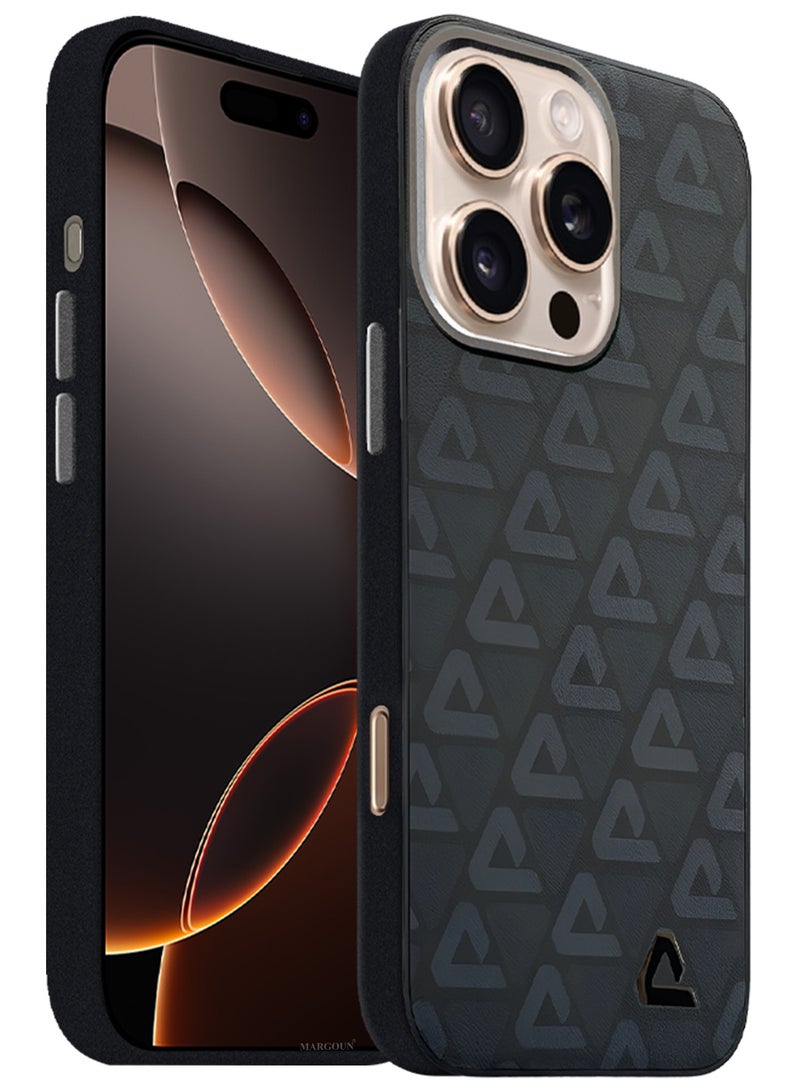 CATANES Hard Leather Case for iPhone 16 Pro, Back Cover Triangle Pattern Shockproof Protective Phone Case - Black - Image 2