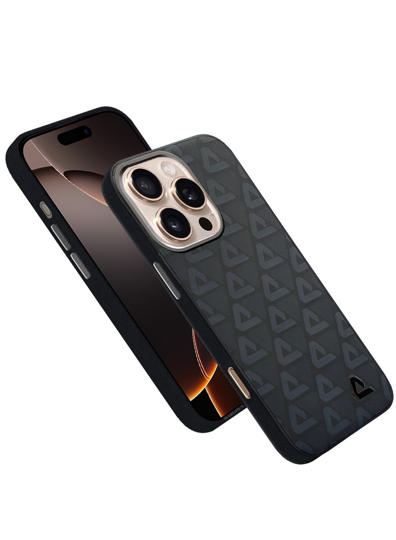 CATANES Hard Leather Case for iPhone 16 Pro, Back Cover Triangle Pattern Shockproof Protective Phone Case - Black - Image 1