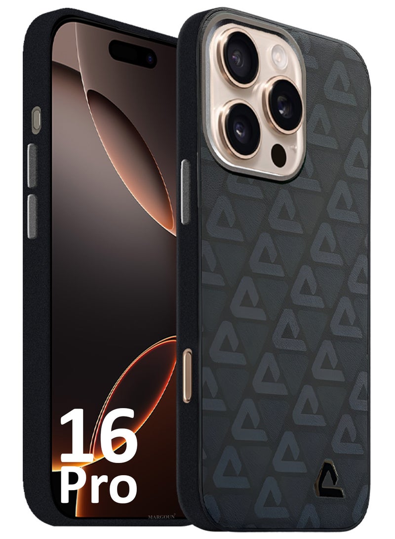 CATANES Hard Leather Case for iPhone 16 Pro, Back Cover Triangle Pattern Shockproof Protective Phone Case - Black - Image 3