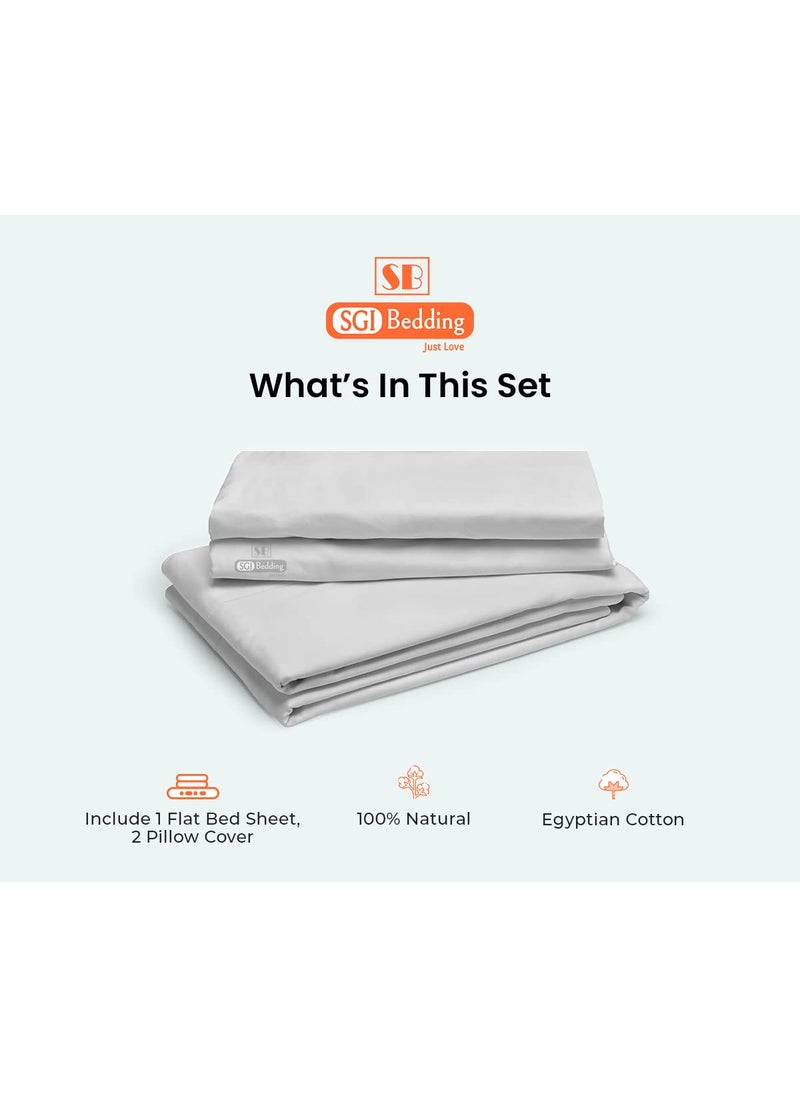 SGI bedding SGI Flat Sheet with 2 Pillowcases King Light Grey Stripe 300 Threadcount Egyptian Cotton Wrinkle Free Durable Mattress Easy Care Cover  - Image 4
