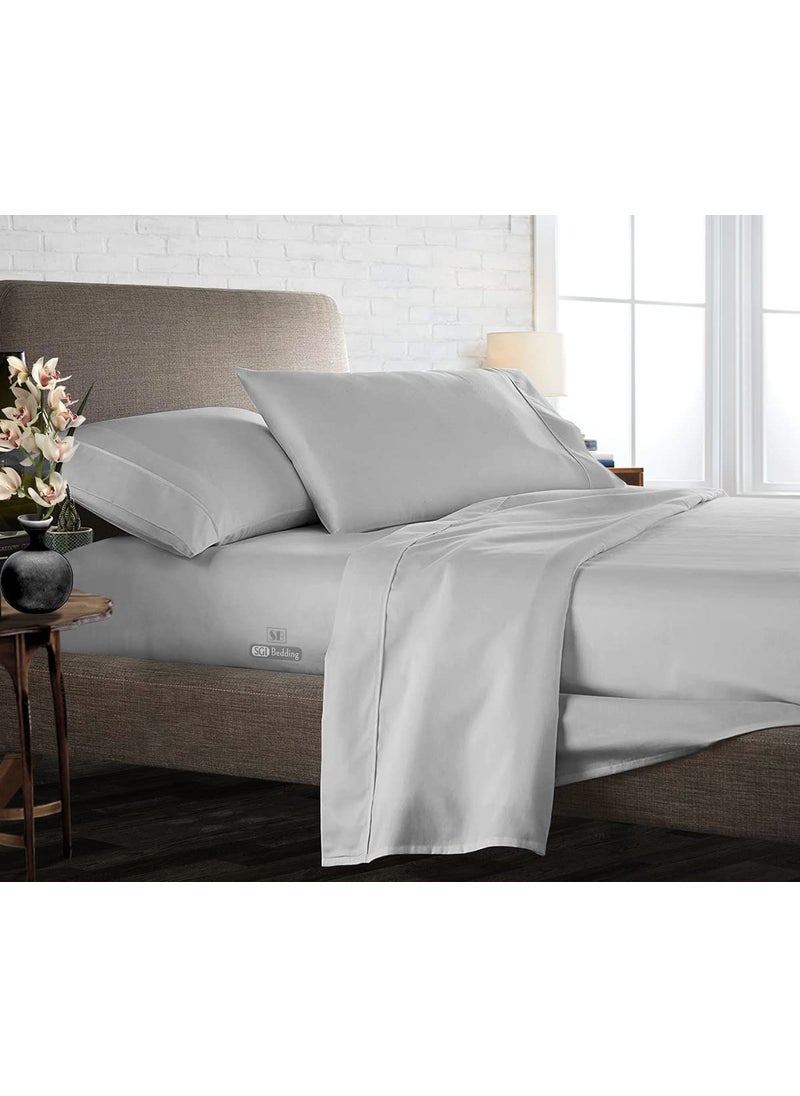 SGI bedding SGI Flat Sheet with 2 Pillowcases King Light Grey Stripe 300 Threadcount Egyptian Cotton Wrinkle Free Durable Mattress Easy Care Cover  - Image 2