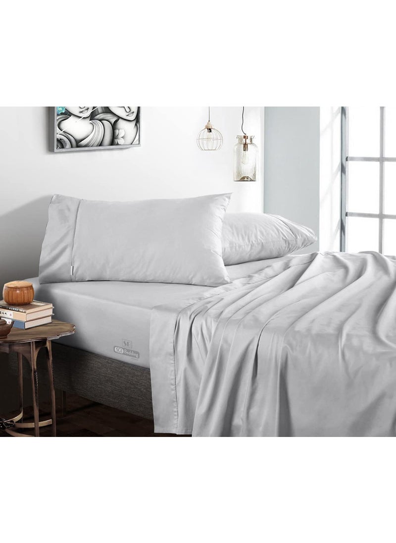 SGI bedding SGI Flat Sheet with 2 Pillowcases King Light Grey Stripe 300 Threadcount Egyptian Cotton Wrinkle Free Durable Mattress Easy Care Cover  - Image 1