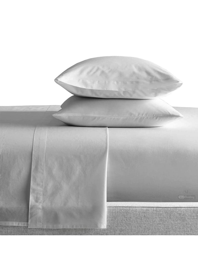 SGI bedding SGI Flat Sheet with 2 Pillowcases King Light Grey Stripe 300 Threadcount Egyptian Cotton Wrinkle Free Durable Mattress Easy Care Cover  - Image 5