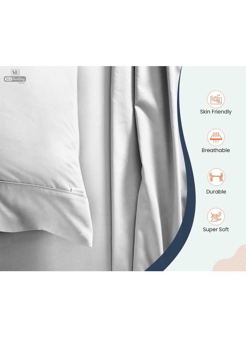SGI bedding SGI Flat Sheet with 2 Pillowcases King Light Grey Stripe 300 Threadcount Egyptian Cotton Wrinkle Free Durable Mattress Easy Care Cover  - Image 3