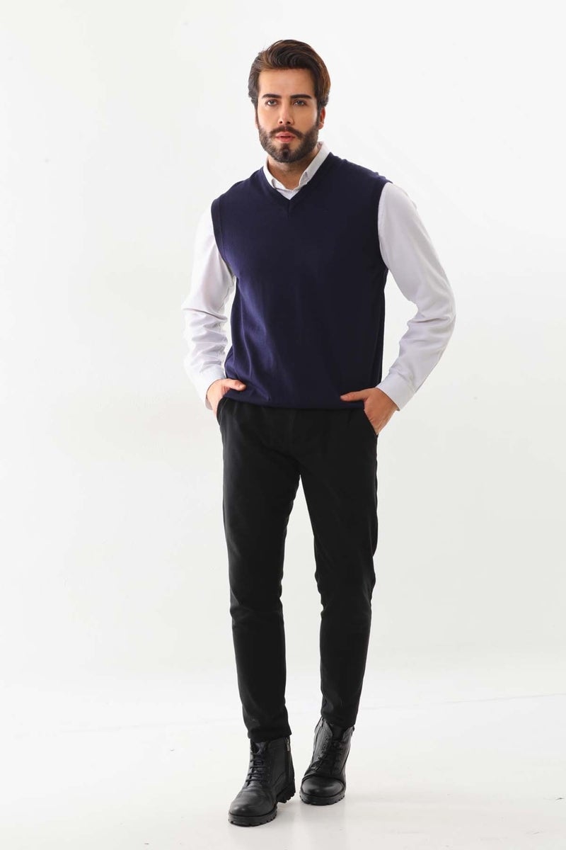 Günay Gunay Men's V Neck Wool Sweater 1000 Light Navy Blue  - Image 2