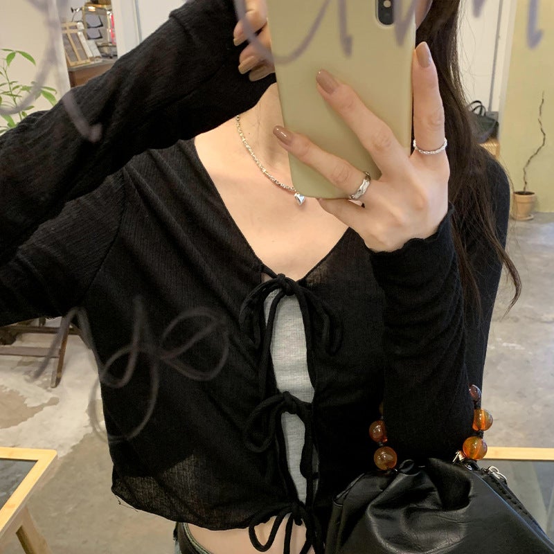 Unique Design Sense Beautiful Lace-up Skirt Outer Cardigan T-shirt Womens Early Autumn 2024 New Style Short Top Black - Image 1