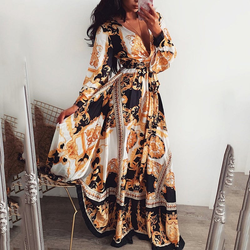 2024 Floral Print Maxi Dress V-Neck Vintage Long Sleeve Picture Color