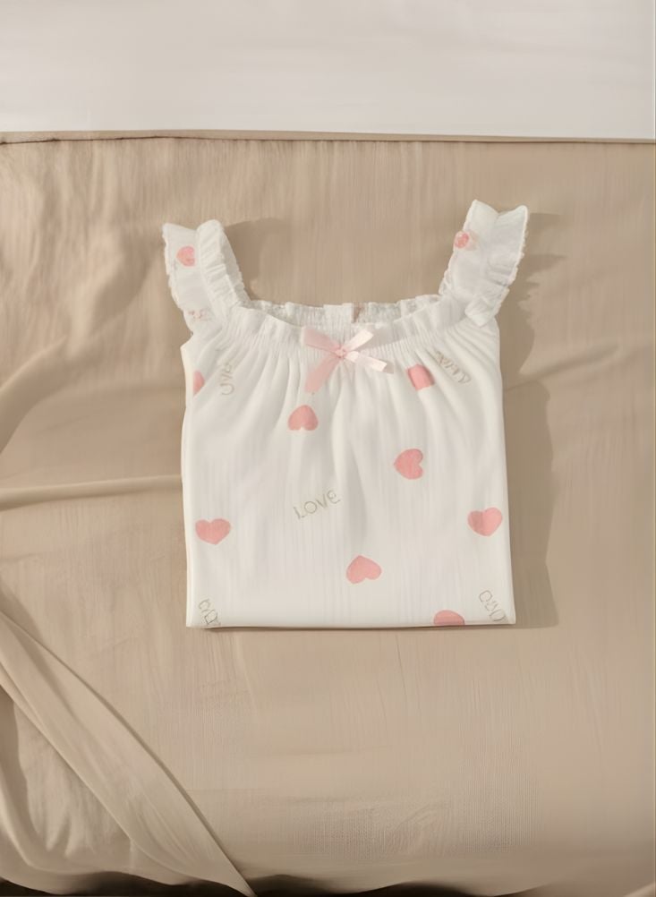 Comfort Women’s Elegant Sleeveless Night Gown with Ruffle Shoulder Straps and Heart Pattern, Comfortable Cotton Sleep Dress - Image 4
