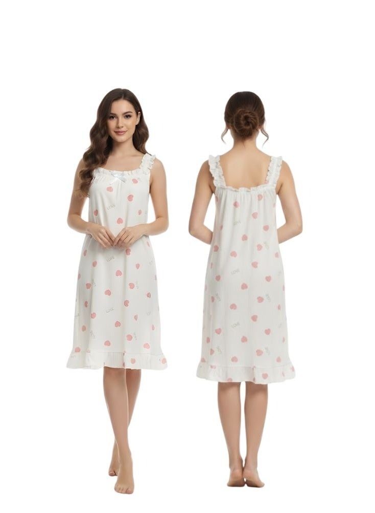 Comfort Women’s Elegant Sleeveless Night Gown with Ruffle Shoulder Straps and Heart Pattern, Comfortable Cotton Sleep Dress - Image 1