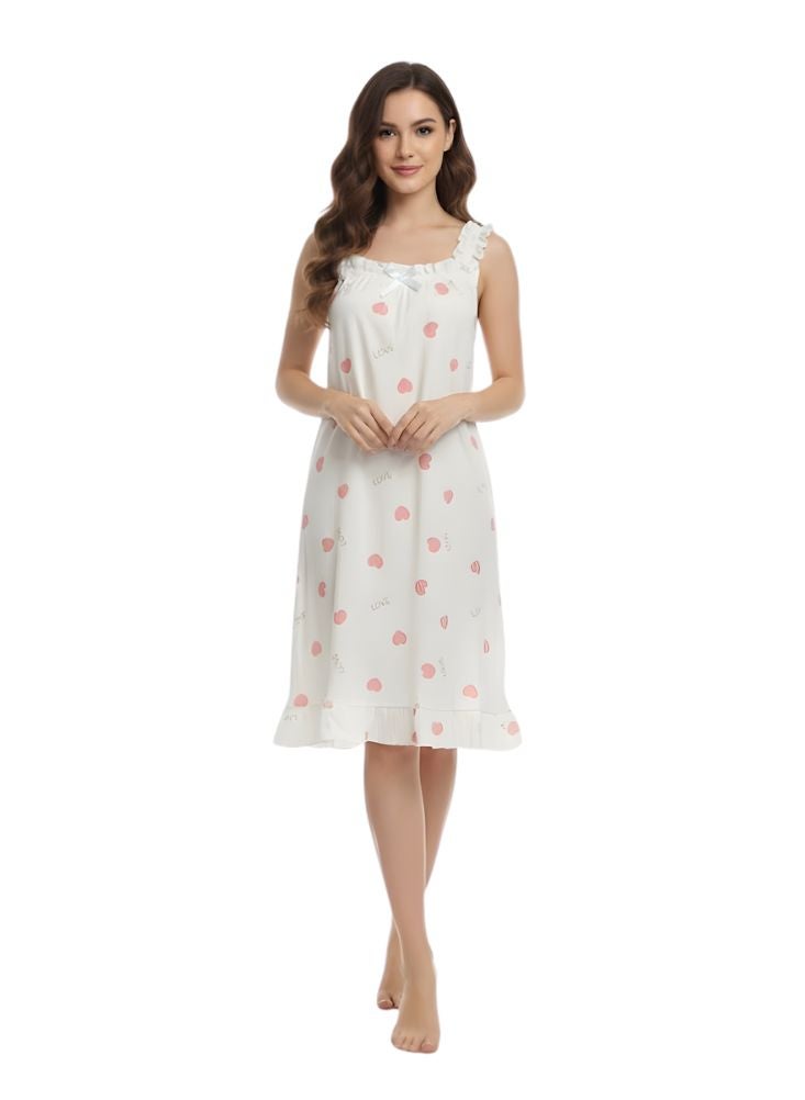 Comfort Women’s Elegant Sleeveless Night Gown with Ruffle Shoulder Straps and Heart Pattern, Comfortable Cotton Sleep Dress - Image 5