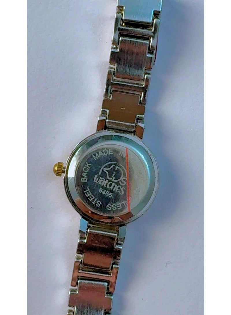 ار دي اس ساعة يد نسائية كوارتز من RDS Watches، مزودة بسلسلة من الفولاذ المقاوم للصدأ بلونين ذهبي وفضي، ومينا أسود أنيق، موديل 8465 - جديدة تمامًا - Image 4