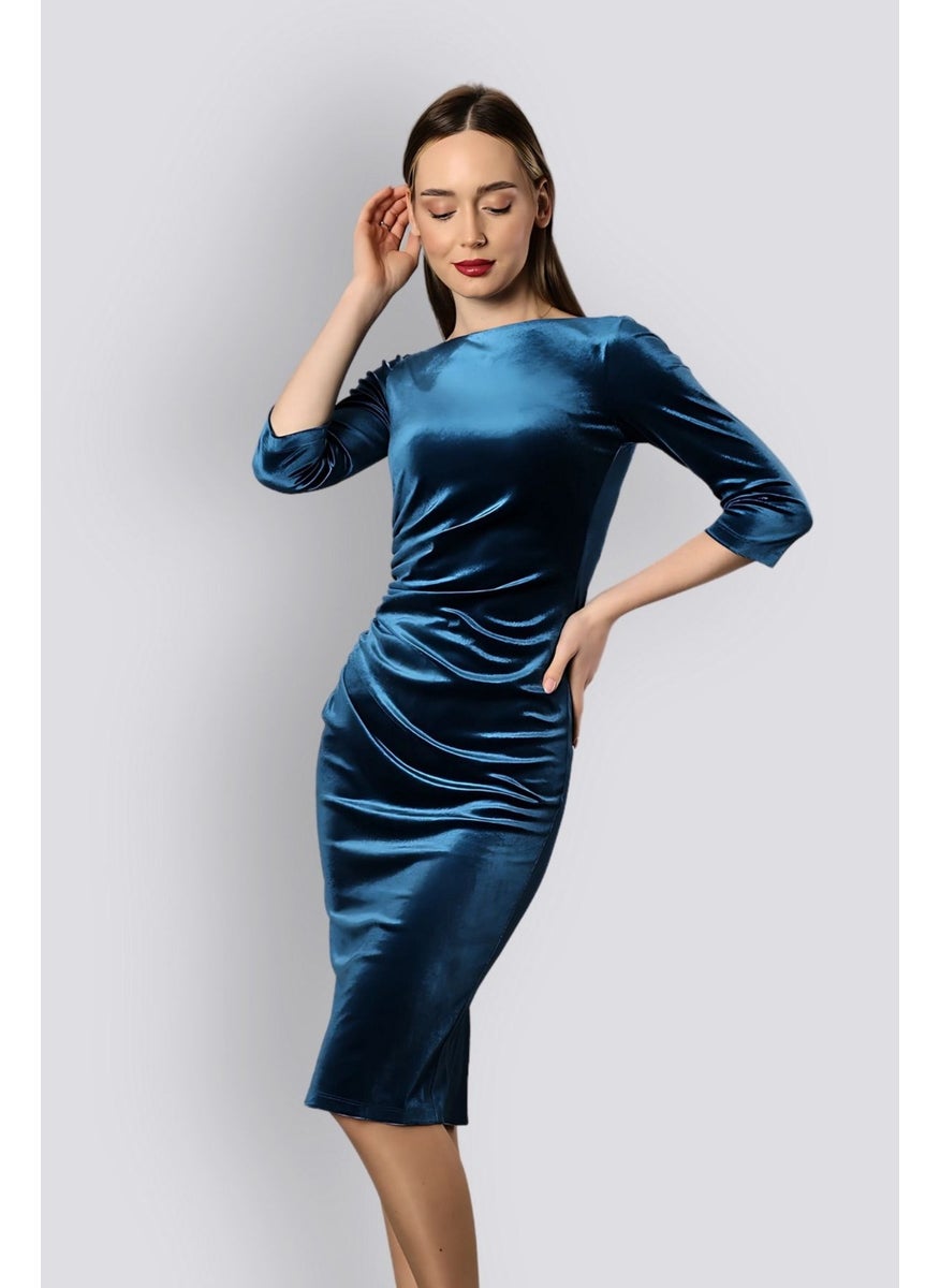 HOX'S Monroe | Velvet Midi Pencil Dress Boat Neck Draped Waist - Petrol Blue  - Image 1