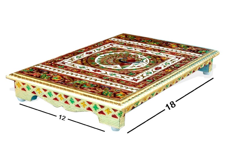 Generic CraftMania Handicraft Wooden Pooja Chowki Bajot Beautiful Peacock Meenakari Work Designer Pooja Stool Statue Stand Pooja Stool Chowki Patta  - Image 2