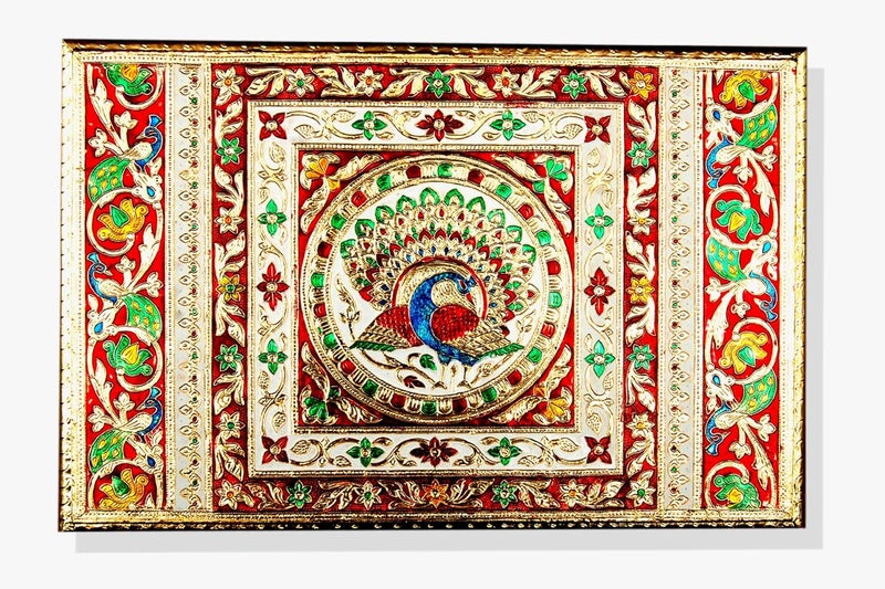 Generic CraftMania Handicraft Wooden Pooja Chowki Bajot Beautiful Peacock Meenakari Work Designer Pooja Stool Statue Stand Pooja Stool Chowki Patta  - Image 3