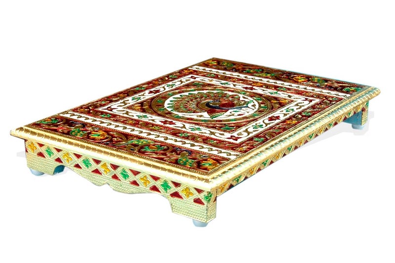 Generic CraftMania Handicraft Wooden Pooja Chowki Bajot Beautiful Peacock Meenakari Work Designer Pooja Stool Statue Stand Pooja Stool Chowki Patta  - Image 1