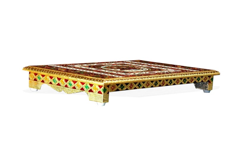 Generic CraftMania Handicraft Wooden Pooja Chowki Bajot Beautiful Peacock Meenakari Work Designer Pooja Stool Statue Stand Pooja Stool Chowki Patta  - Image 4