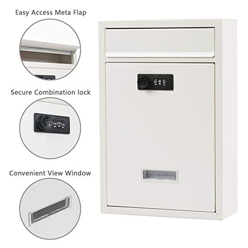 KYODOLED Locking Wall Mount Mailbox, Mail Boxes with Combination Lock for Outside, Security Drop Box with Code,12.4H x 8.54L x 3.35W Inches, White - Image 2
