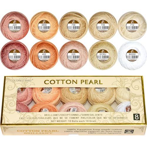 colored bird Double Mercerized Egyptian Long Staple Cotton Pearl Thread Ball 10 Grams Rainbow Color Embroidery Thread 10 Colors per Box for Crochet Hardanger Cross Stitch Hand Embroidery,Light Flesh Color Series - Image 1