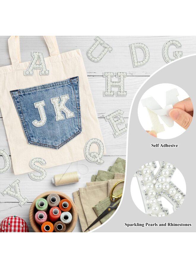 26 قطعة من رقعة حروف مرصعة بأحجار الراين واللؤلؤ ذاتية اللصق من AZ، رقعة حروف لؤلؤية لاصقة للملابس والأقمشة وحقائب الظهر (أبيض) - Image 3