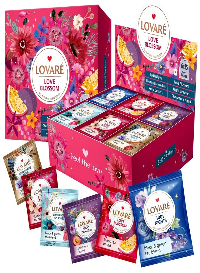 LOVARE طقم شاي من لوفاري، صنع في أوكرانيا - نكهات متنوعة: زهر الحب، جمال الليل، ليلة كليوباترا، حلوى ملكية، ألف ليلة وليلة، رشات متلألئة - تشكيلة فاخرة من الأكياس - علبة هدايا لمحبي الشاي المنكه للرجال والنساء (90 كيس (زهر الحب)) - Image 1