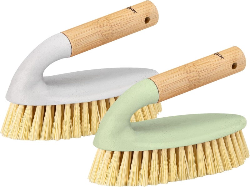 Vigar Zeroline 2 Pack Scrub Brushes for Cleaning Scrub Brush with Ergonomic Bamboo Handle for Bathroom Shower Bathtub Floor Tile Wall Gray Green - Image 1