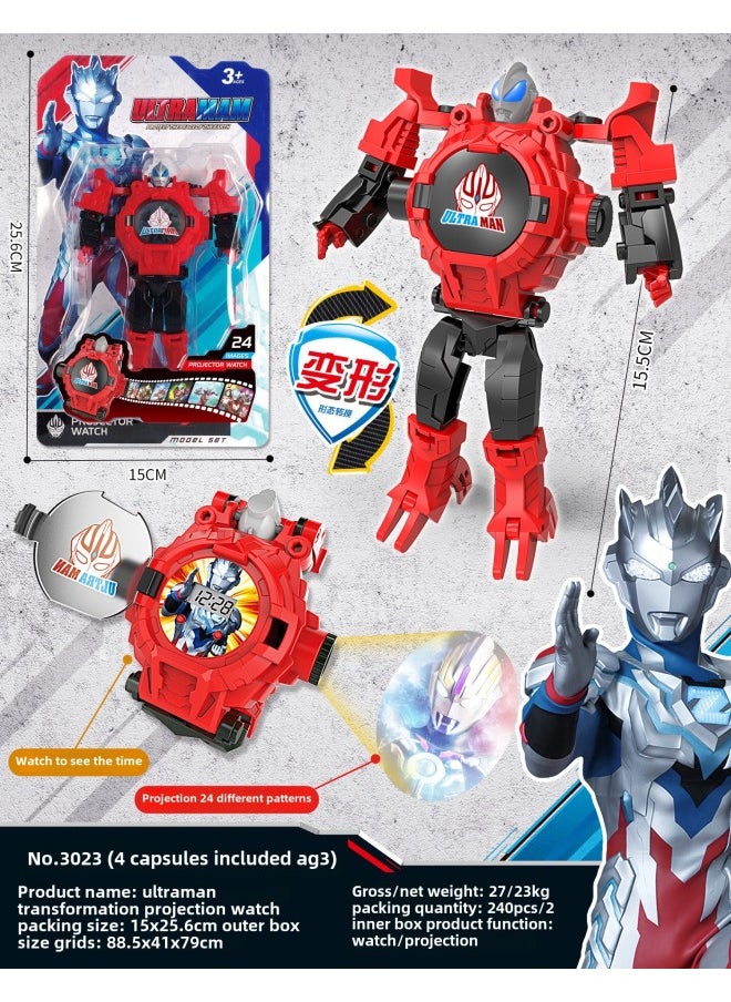 Generic - Projection Ultraman Avengers League Of Legends Transformation Light Electronic Deformation Watch Children's Watch Toys Gifts-Color:3025 Red Ultraman Transformation [24 Picture Projection + Time] - Image 1