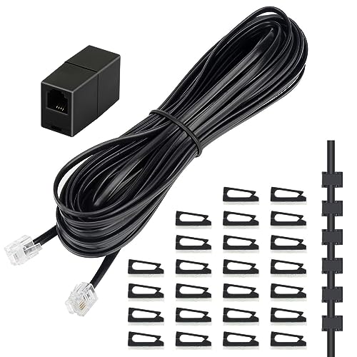 Uvital Phone Extension Cord 33 Ft, Telephone Cable with Standard RJ11 Plug and 1 in-Line Couplers and 20 Cable Clip Holders, Black - Image 1