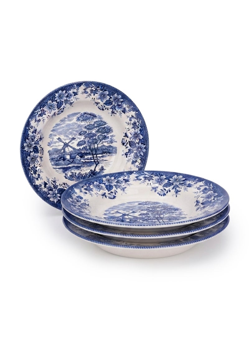 Claytan Earthenware Classic Blue Windmill & Floral Pattern Soup Pasta Plate, 9.2 Inch, White (Set of 4) | Premium Soup & Pasta Bowl Plate for Noodles,Curry, Risotto & Salads|Vintage Tableware for Home - Image 1