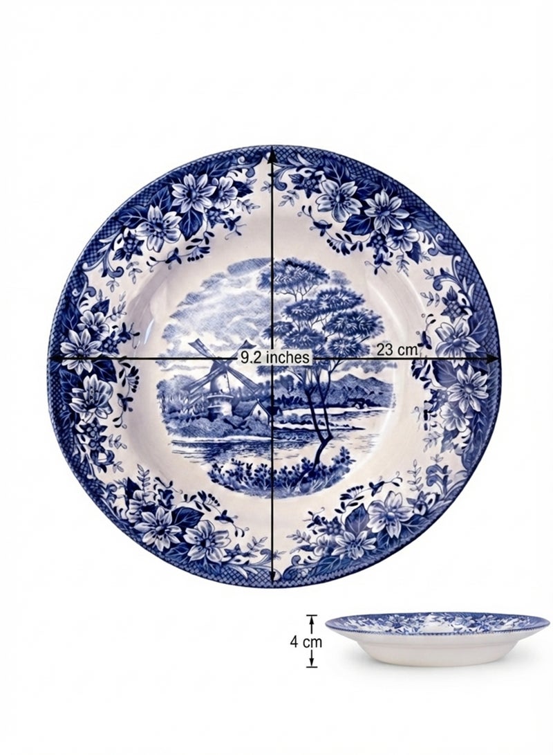 Claytan Earthenware Classic Blue Windmill & Floral Pattern Soup Pasta Plate, 9.2 Inch, White (Set of 4) | Premium Soup & Pasta Bowl Plate for Noodles,Curry, Risotto & Salads|Vintage Tableware for Home - Image 3