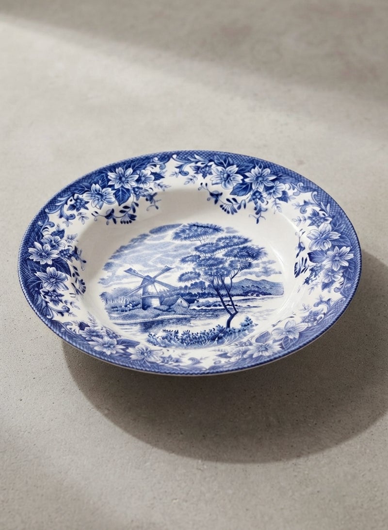 Claytan Earthenware Classic Blue Windmill & Floral Pattern Soup Pasta Plate, 9.2 Inch, White (Set of 4) | Premium Soup & Pasta Bowl Plate for Noodles,Curry, Risotto & Salads|Vintage Tableware for Home - Image 4
