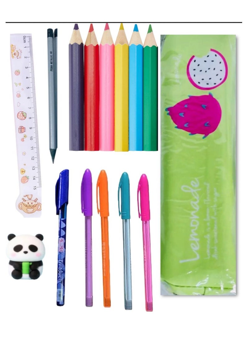 21-piece school supplies set (pencil case with zipper + 4 fluorescent colors + 12 wood colors + pencil + eraser and sharpener + pen + 15 cm ruler) - Image 1