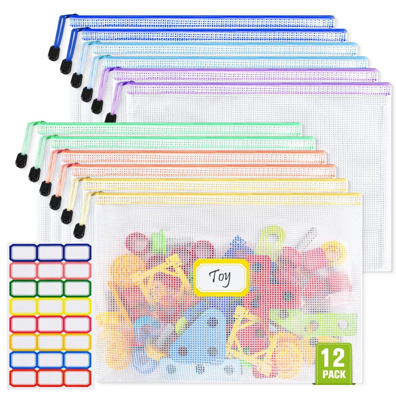 ASTEN Mesh Zipper Pouch Bags: Clear Zipper Pouches for Classroom, Plastic Mesh Bag for Board Game Puzzles Storage, A3 Waterproof Organizing Pouch for School and Office Supplies (17 x 12Inch, 12PCS, 6 Color) - Image 1