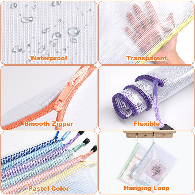 ASTEN Mesh Zipper Pouch Bags: Clear Zipper Pouches for Classroom, Plastic Mesh Bag for Board Game Puzzles Storage, A3 Waterproof Organizing Pouch for School and Office Supplies (17 x 12Inch, 12PCS, 6 Color) - Image 3