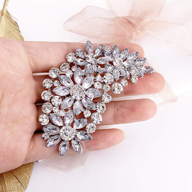 LAXPICOL Vintage Clear Austrian Crystal Flower Leaf Bouquet Clusters Large Big Brooch Pin for Women Wedding Broach - Image 5