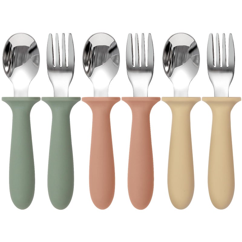 Eascrozn 6 Pack Toddler Utensils, kids Silverware with Silicone Handle, 18/8 Stainless Steel Children Safe Spoons and Forks Set Baby Feeding Essentials, Dishwasher Safe - Image 1