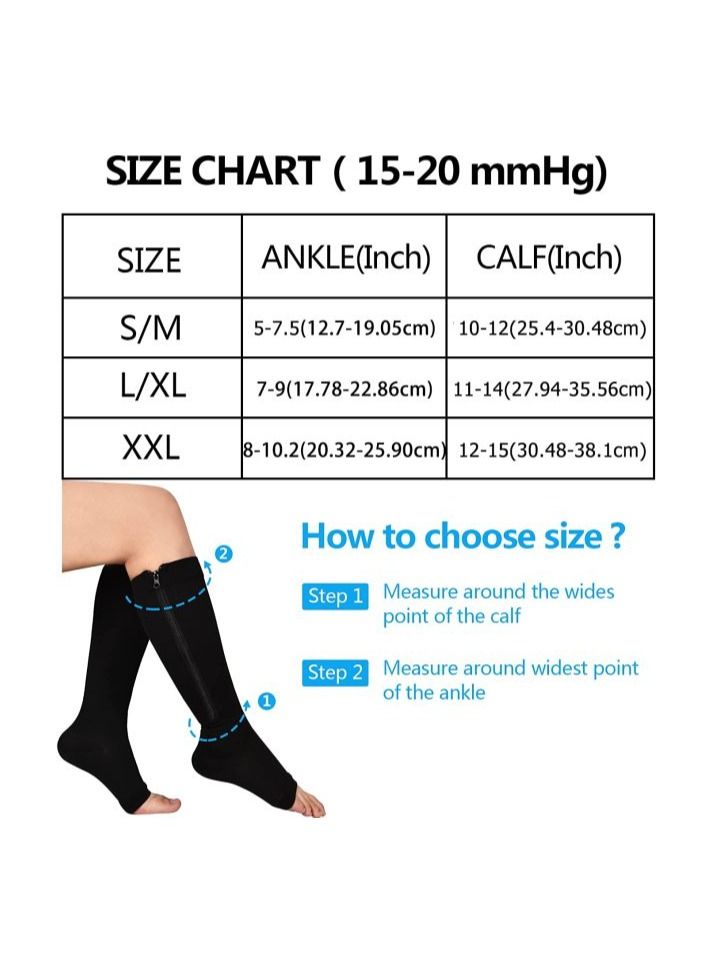 Zip Sock stretchy zipper leg Compression Socks for Women Men Open Toe Black 2Pair S/M - Image 4