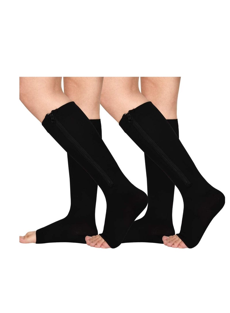 Zip Sock stretchy zipper leg Compression Socks for Women Men Open Toe Black 2Pair S/M - Image 1